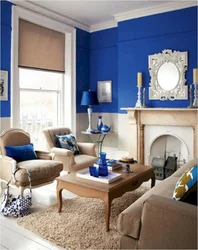 Beige blue living room interior
