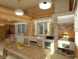 Photo of a kitchen made of rounded logs