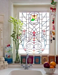 Stained glass window in the kitchen interior photo