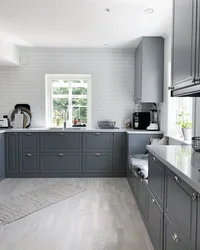 Gray floor and gray walls in the kitchen interior photo