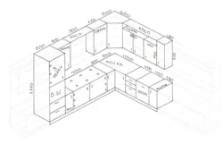 O'lchamlari bilan oshxona dizayni diagrammasi