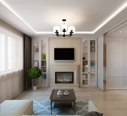 Living room 16 sq m design with fireplace