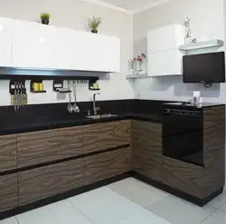Combined white kitchen with wood photo