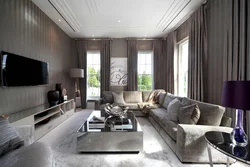Living room interiors in gray-brown tone