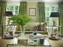 Green curtains living room design photo