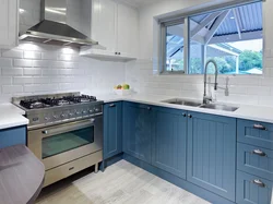 Kitchen with blue countertop and apron photo