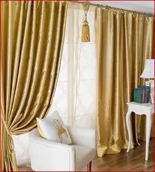 Golden curtains in the living room photo