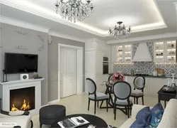 Kitchen design 30 sq m with fireplace