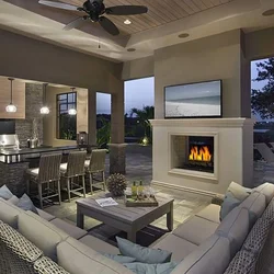 Kitchen design 30 sq m with fireplace