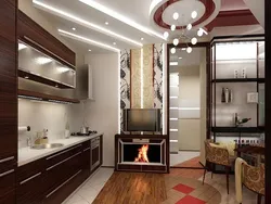 Kitchen design 30 sq m with fireplace