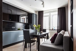 Dark Kitchen Design With Sofa