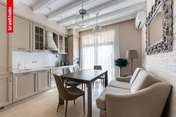 Dark kitchen design with sofa