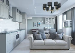 Living room kitchen design in white and gray tones photo