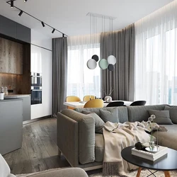 Living room kitchen design in white and gray tones photo