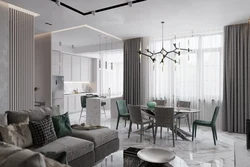 Living room kitchen design in white and gray tones photo