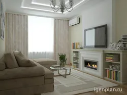 Интерьер гостиной с камином в квартире 20 кв м