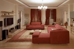 Қонақ бөлмесінің интерьеріндегі бұрыштық диванмен кілем фото