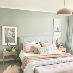 Bedroom interior with pastel wallpaper