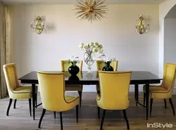 Yellow sofa in the kitchen in the interior photo