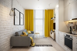 Yellow sofa in the kitchen in the interior photo