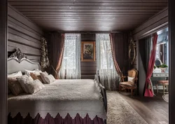 Curtains in a bedroom in a wooden house photo