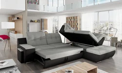 Corner sofa with sleeping place in the interior