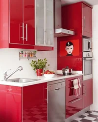 Red interior of a small kitchen