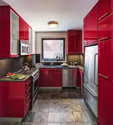 Red Interior Of A Small Kitchen