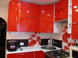 Red interior of a small kitchen