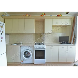 Photos of straight kitchens with a refrigerator and washing machine