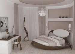 Жатын бөлмесінің интерьеріндегі дөңгелек төсек