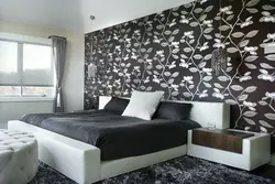 Dark bedroom interior with white wallpaper