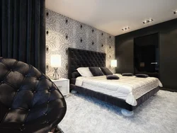 Dark bedroom interior with white wallpaper