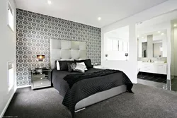 Dark bedroom interior with white wallpaper