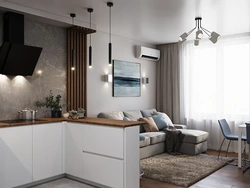 Kitchen design living room 13 sq m with sofa