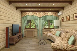 Curtains for the living room in a wooden house photo
