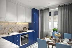 Blue curtains in the kitchen interior photo