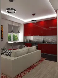Дизайн гостиной с красной кухней
