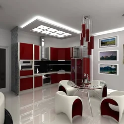 Living room design with red kitchen