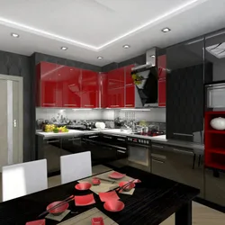 Living room design with red kitchen