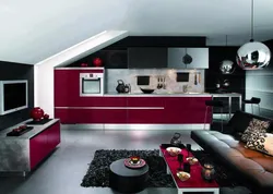 Living room design with red kitchen