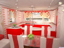 Living room design with red kitchen