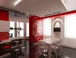 Дизайн гостиной с красной кухней