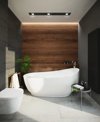 Bathroom design in gray tones with wood