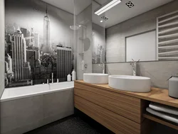 Bathroom design in gray tones with wood