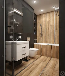 Bathroom design in gray tones with wood