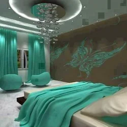 Дизайн спальни если шторы изумрудные
