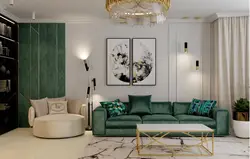 Green color of the sofa in the living room interior photo