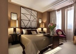 Light brown wallpaper in the bedroom interior