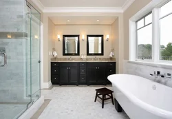 Bathroom design with dark floors and light walls